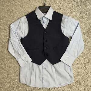 Boys Formal Suit Set Size 8R Dress Shirt Vest 2pc Navy Blue Pinstripe Wedding